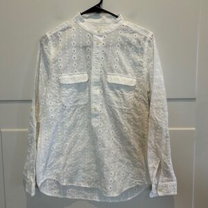 Ann Taylor LOFT White Eyelet Broderie Anglaise Band Collar Pullover Shirt Size S
